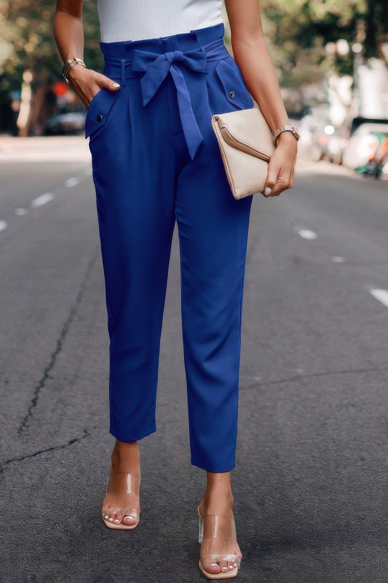 Ruffle Belt Pocket Solid Skinny Pants - ZumBuys