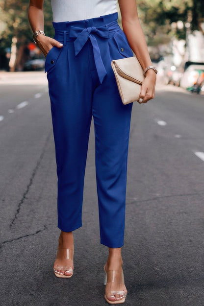 Ruffle Belt Pocket Solid Skinny Pants - ZumBuys