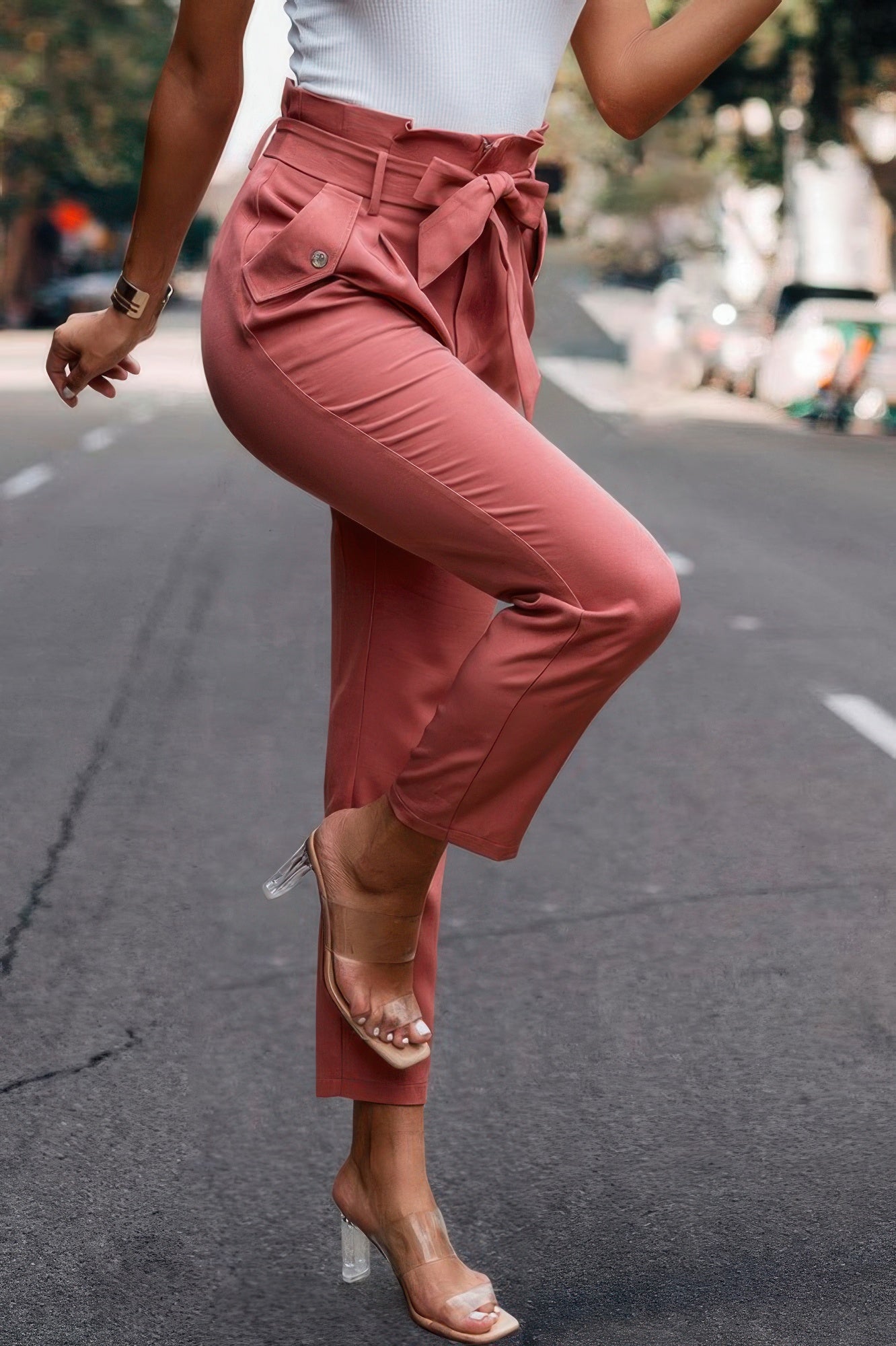 Ruffle Belt Pocket Solid Skinny Pants - ZumBuys