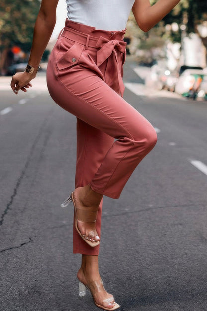 Ruffle Belt Pocket Solid Skinny Pants - ZumBuys