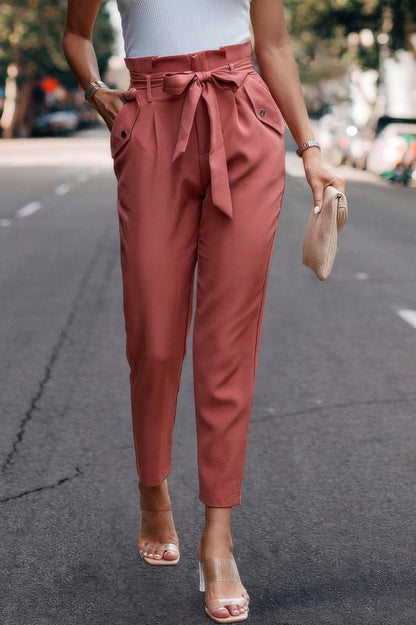 Ruffle Belt Pocket Solid Skinny Pants - ZumBuys