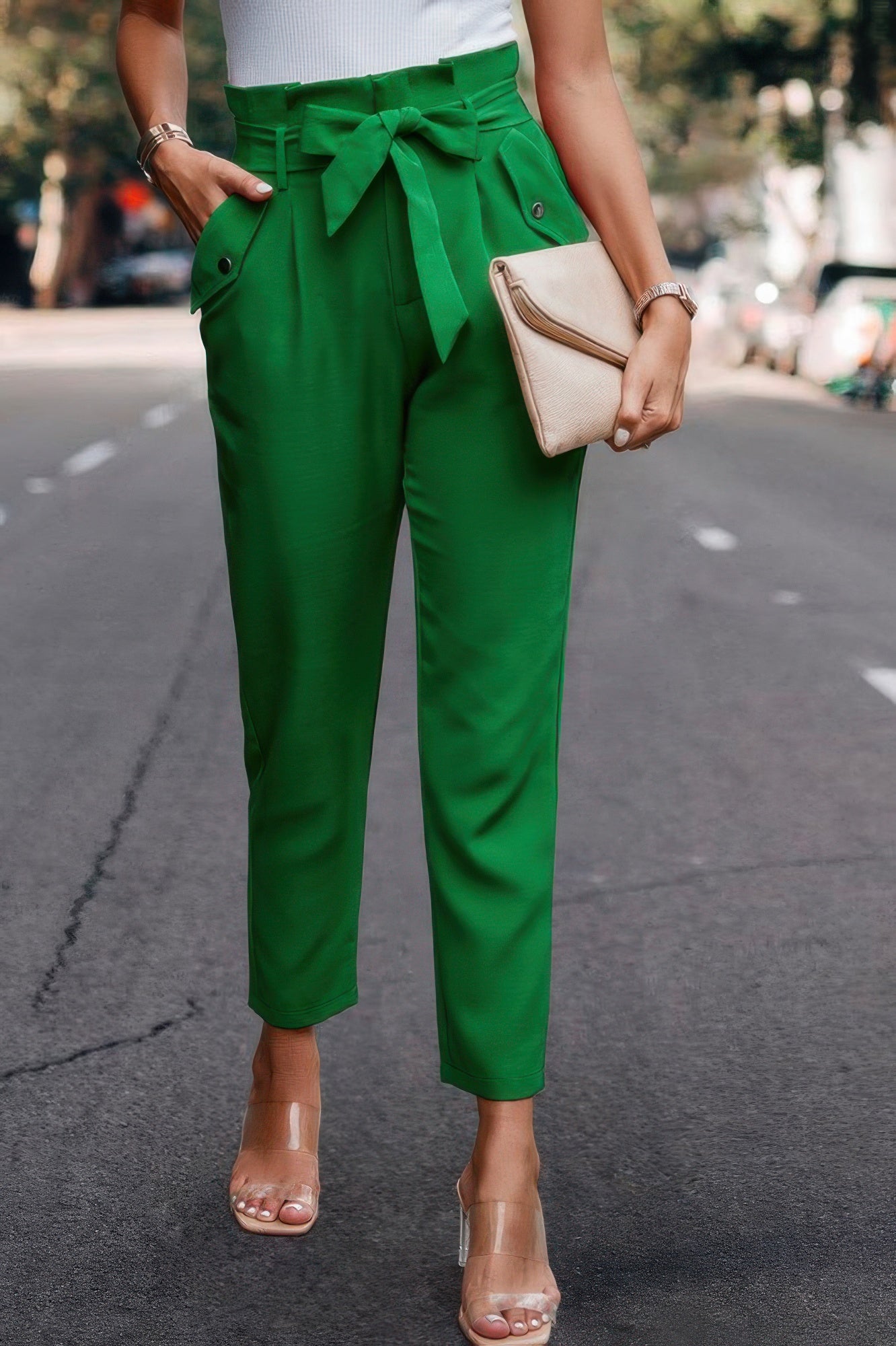 Ruffle Belt Pocket Solid Skinny Pants - ZumBuys