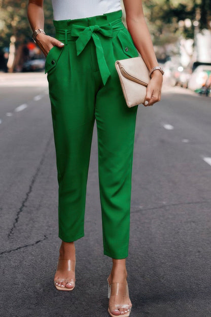 Ruffle Belt Pocket Solid Skinny Pants - ZumBuys