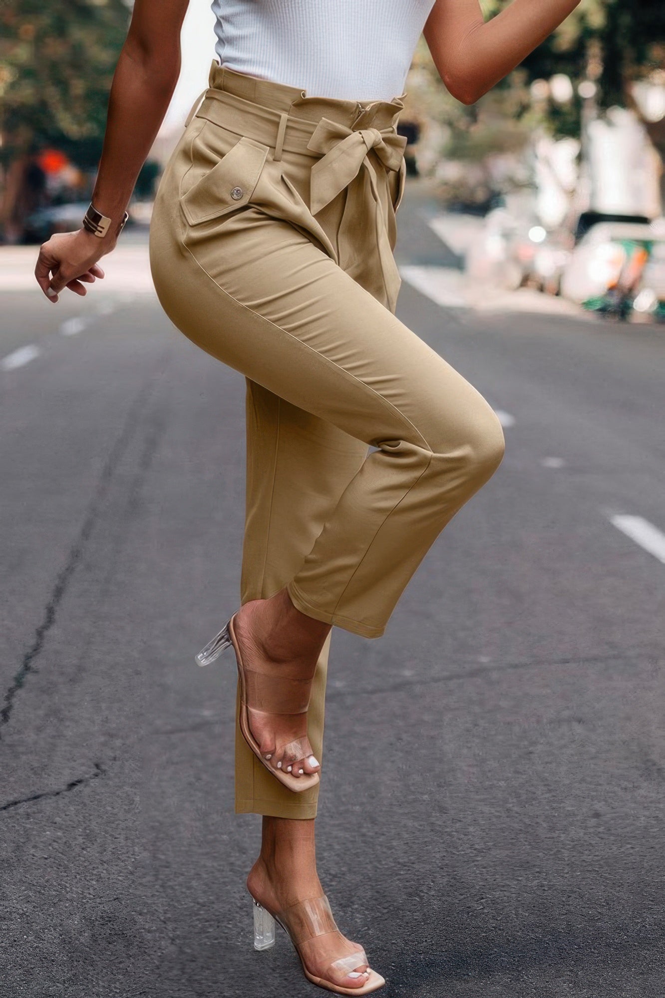 Ruffle Belt Pocket Solid Skinny Pants - ZumBuys