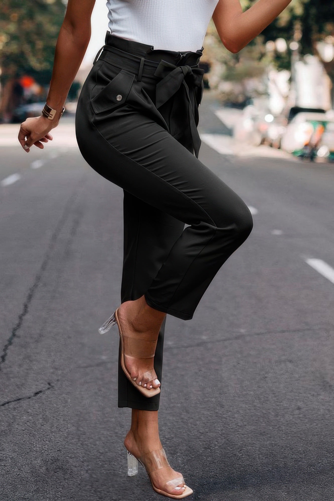 Ruffle Belt Pocket Solid Skinny Pants - ZumBuys