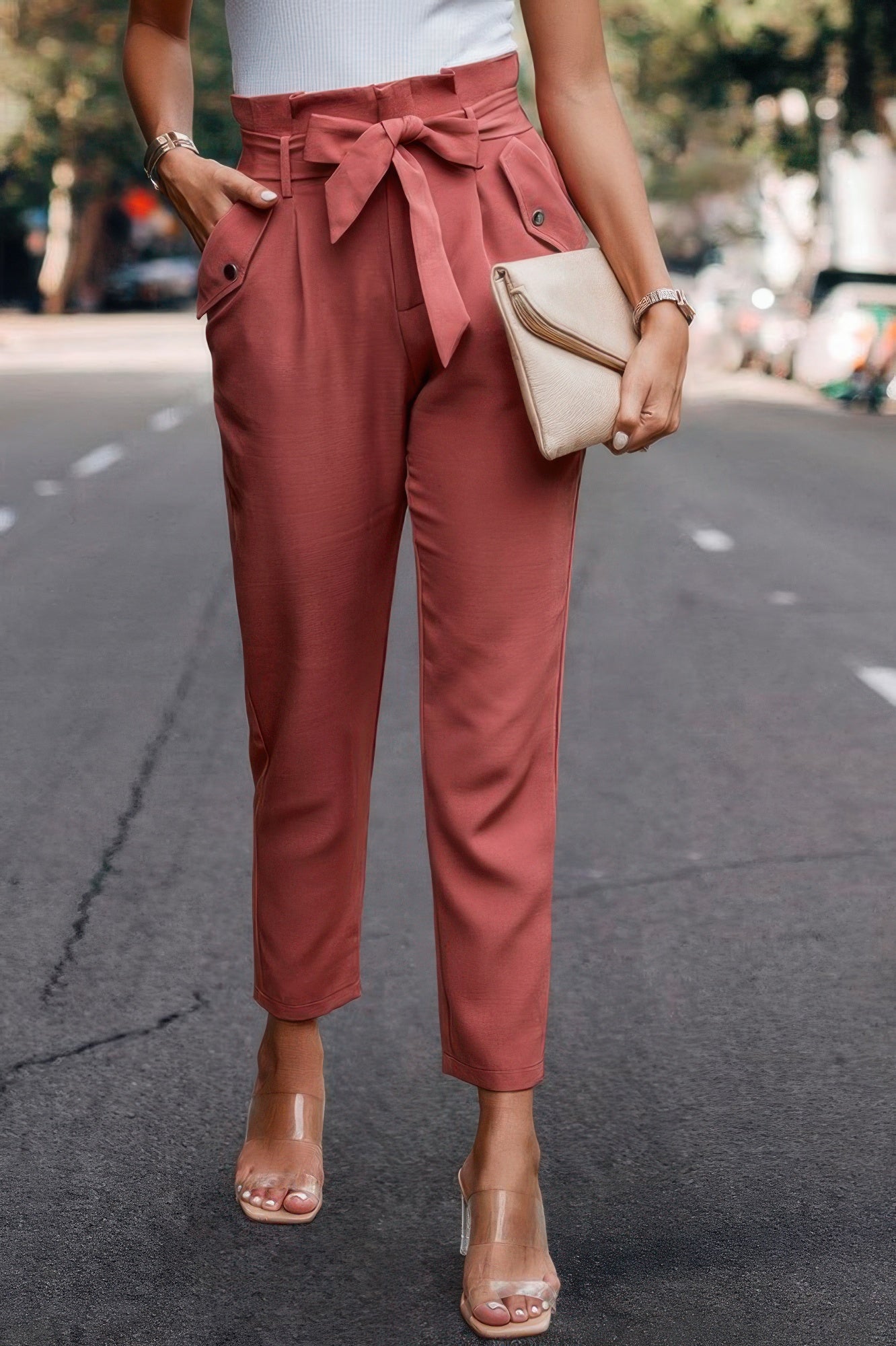 Ruffle Belt Pocket Solid Skinny Pants - ZumBuys