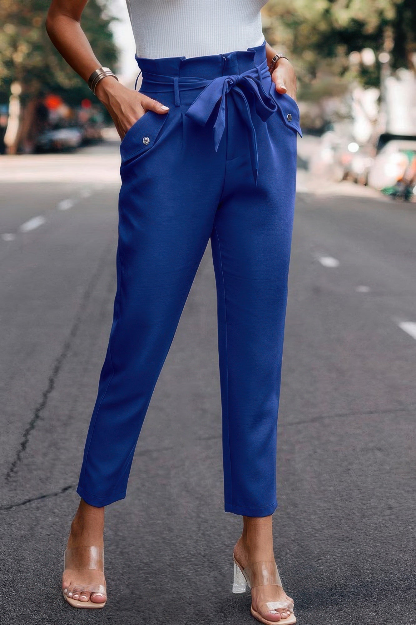 Ruffle Belt Pocket Solid Skinny Pants - ZumBuys