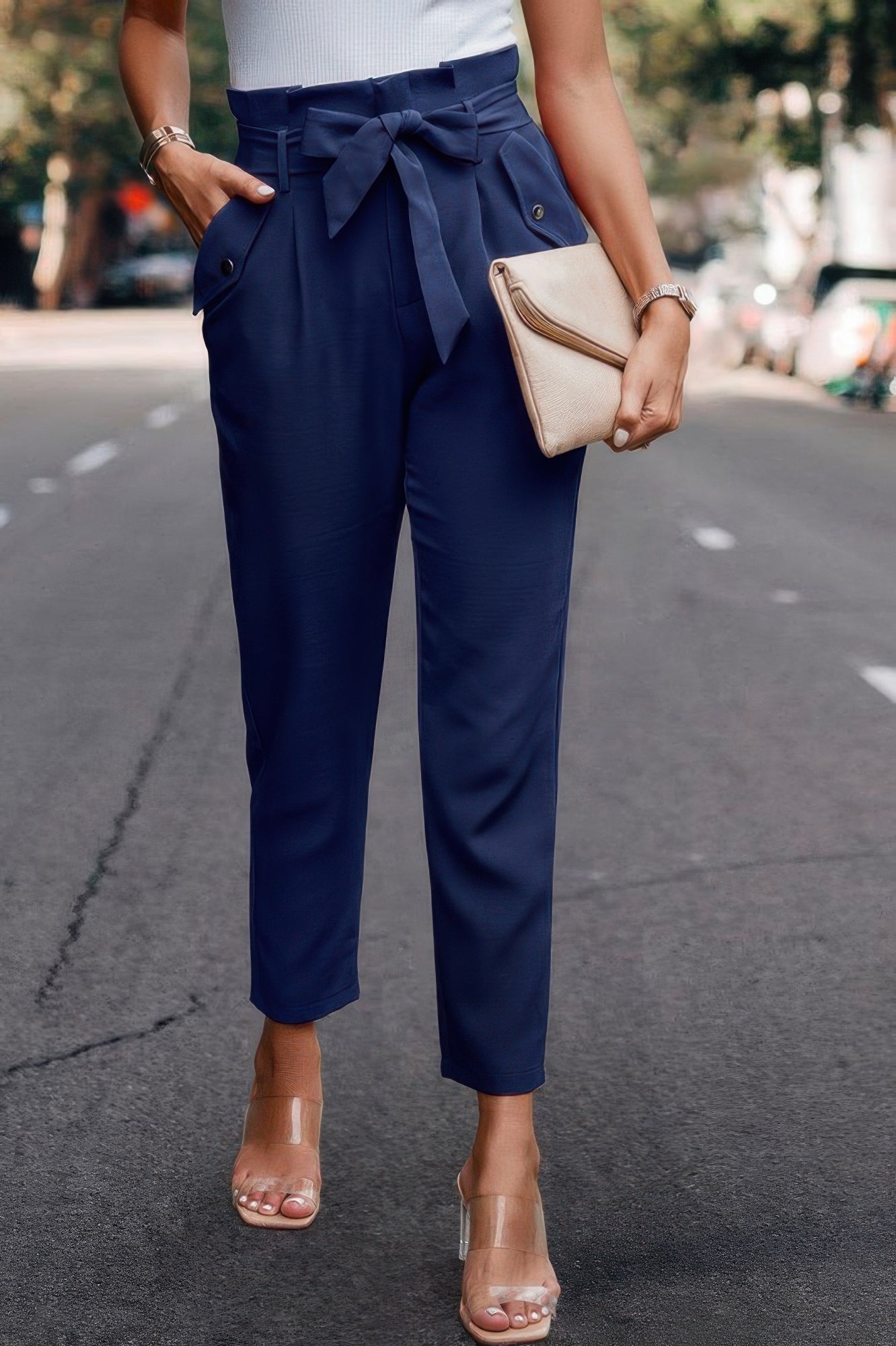 Ruffle Belt Pocket Solid Skinny Pants - ZumBuys