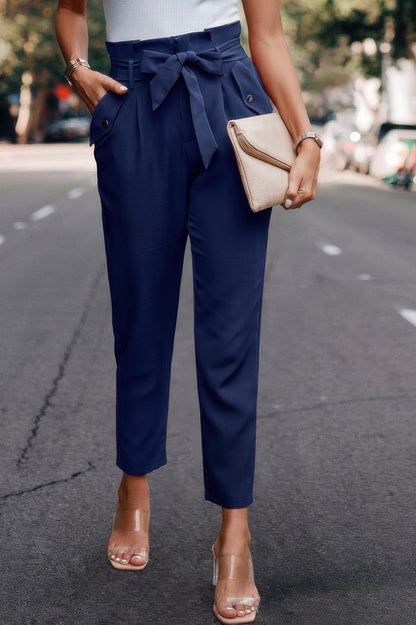 Ruffle Belt Pocket Solid Skinny Pants - ZumBuys