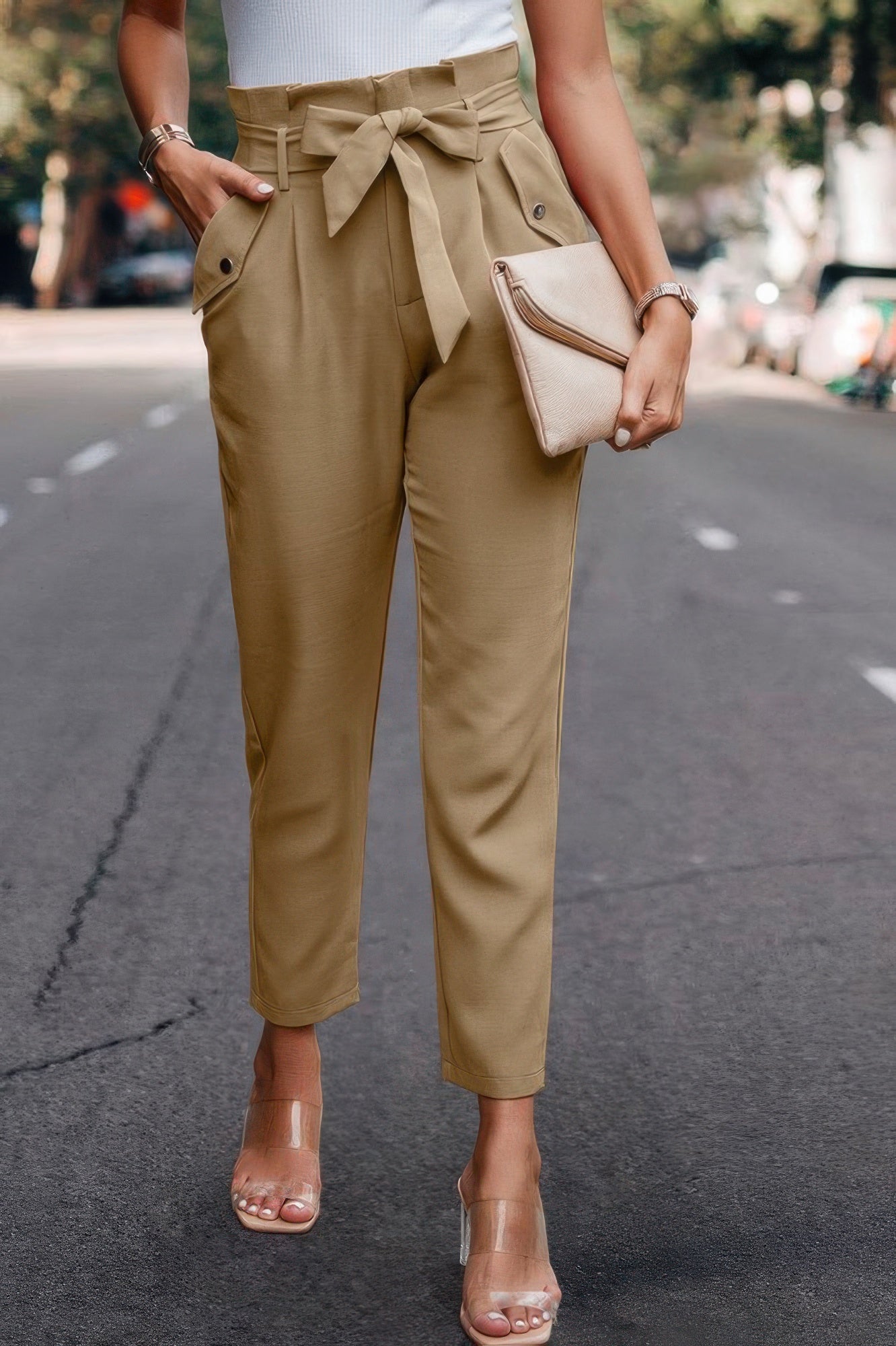 Ruffle Belt Pocket Solid Skinny Pants - ZumBuys