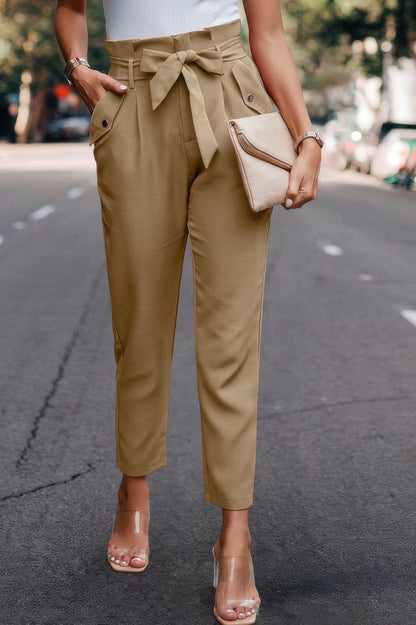 Ruffle Belt Pocket Solid Skinny Pants - ZumBuys