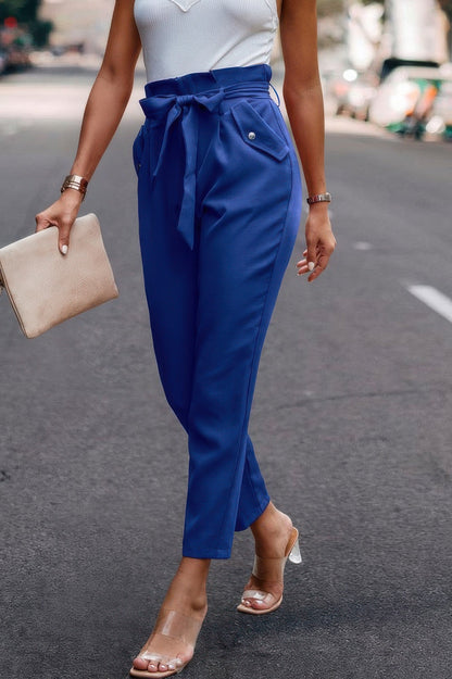 Ruffle Belt Pocket Solid Skinny Pants - ZumBuys