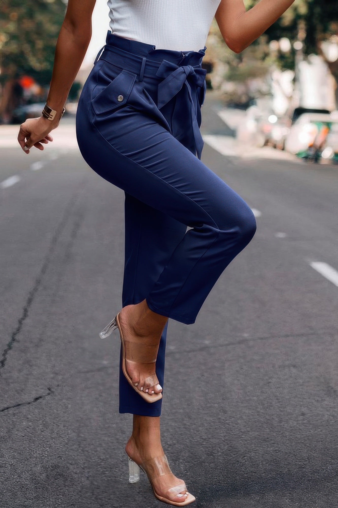 Ruffle Belt Pocket Solid Skinny Pants - ZumBuys