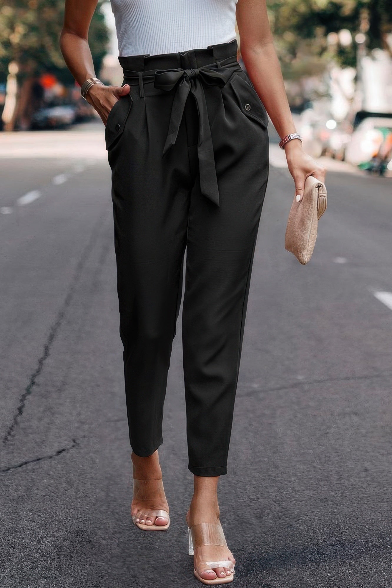 Ruffle Belt Pocket Solid Skinny Pants - ZumBuys