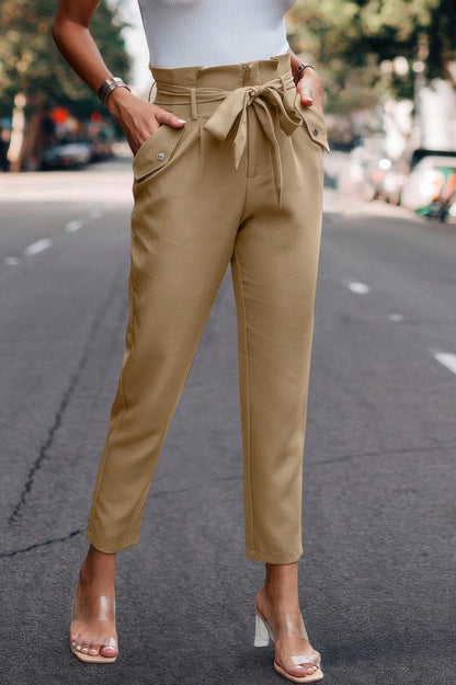Ruffle Belt Pocket Solid Skinny Pants - ZumBuys