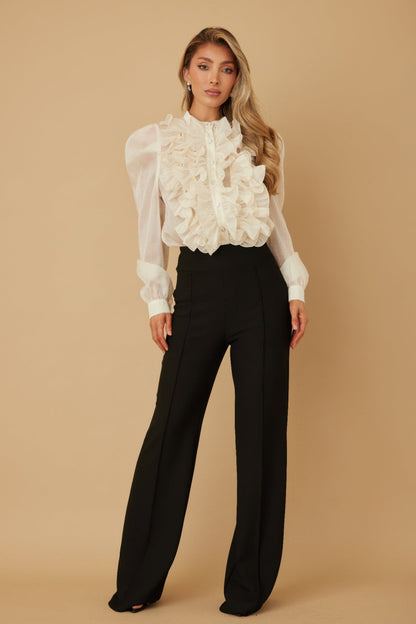 Ruffle Micro Crystal Long Sleeve Blouse - ZumBuys