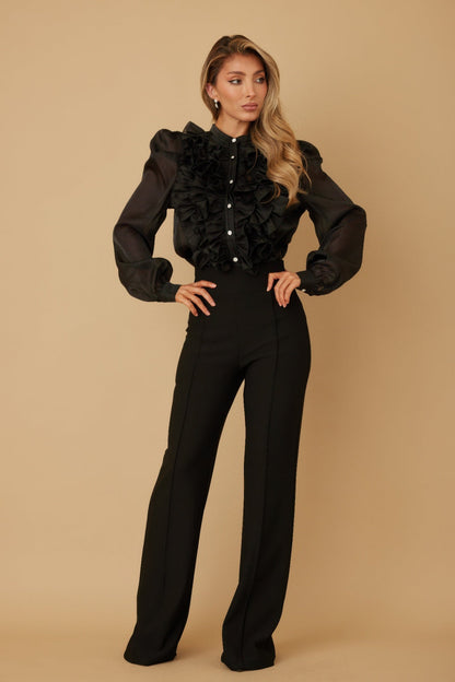 Ruffle Micro Crystal Long Sleeve Blouse - ZumBuys