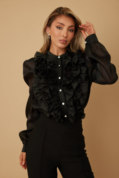 Ruffle Micro Crystal Long Sleeve Blouse - ZumBuys