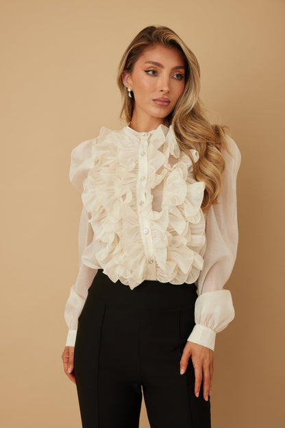 Ruffle Micro Crystal Long Sleeve Blouse - ZumBuys