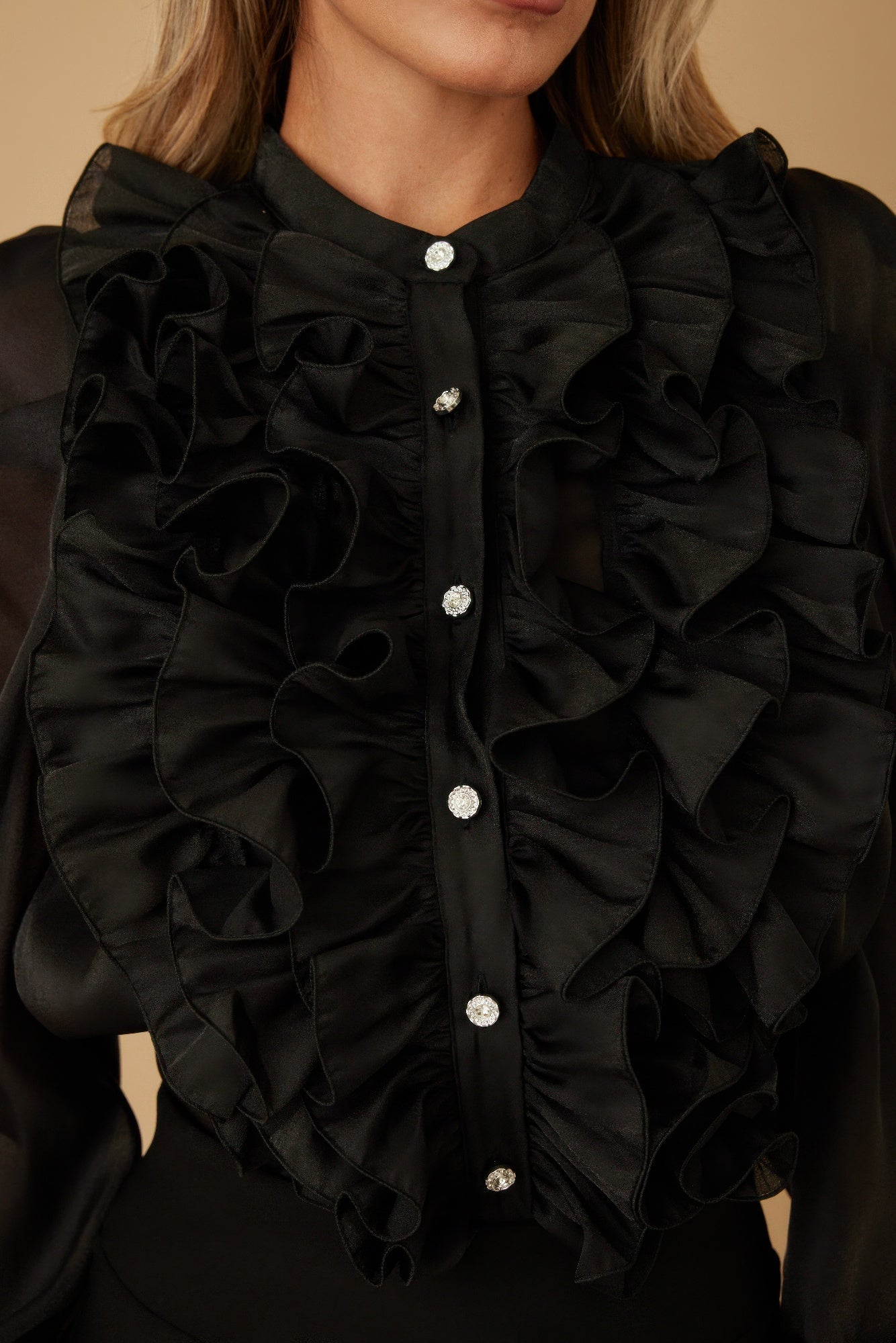 Ruffle Micro Crystal Long Sleeve Blouse - ZumBuys