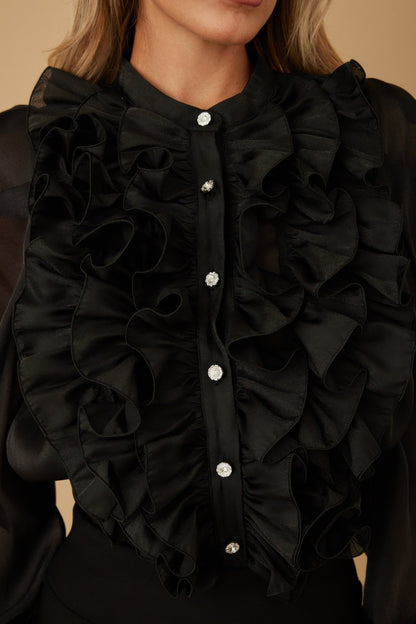 Ruffle Micro Crystal Long Sleeve Blouse - ZumBuys