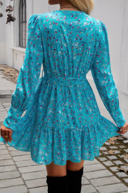 Ruffled Printed Surplice Long Sleeve Mini Dress - ZumBuys