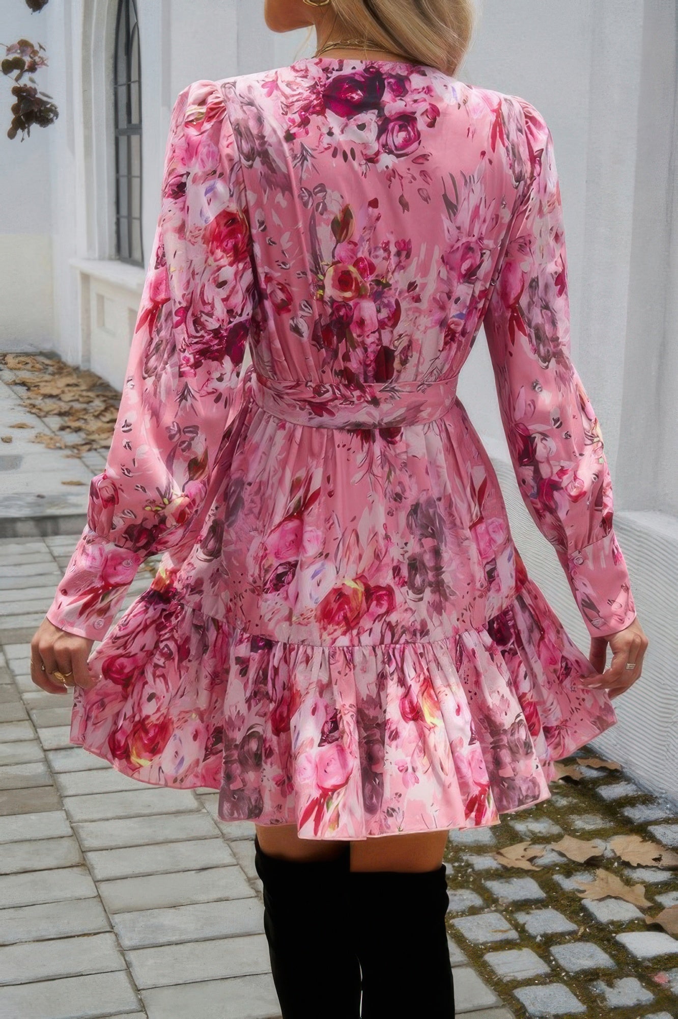 Ruffled Printed Surplice Long Sleeve Mini Dress - ZumBuys