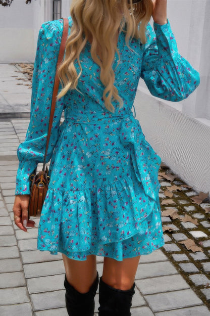 Ruffled Printed Surplice Long Sleeve Mini Dress - ZumBuys