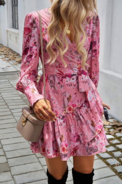 Ruffled Printed Surplice Long Sleeve Mini Dress - ZumBuys