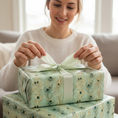 Sage Peacock Plume Wrapping Paper – Elegant Green Feather Gift Wrap Roll - ZumBuys