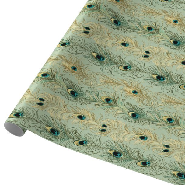 Sage Peacock Plume Wrapping Paper – Elegant Green Feather Gift Wrap Roll - ZumBuys