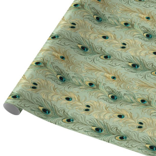 Sage Peacock Plume Wrapping Paper – Elegant Green Feather Gift Wrap Roll - ZumBuys