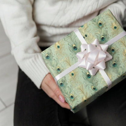 Sage Peacock Plume Wrapping Paper – Elegant Green Feather Gift Wrap Roll - ZumBuys