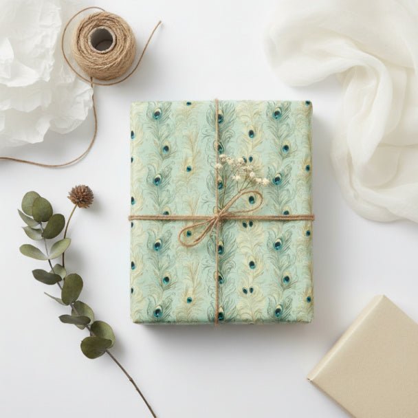 Sage Peacock Plume Wrapping Paper – Elegant Green Feather Gift Wrap Roll - ZumBuys