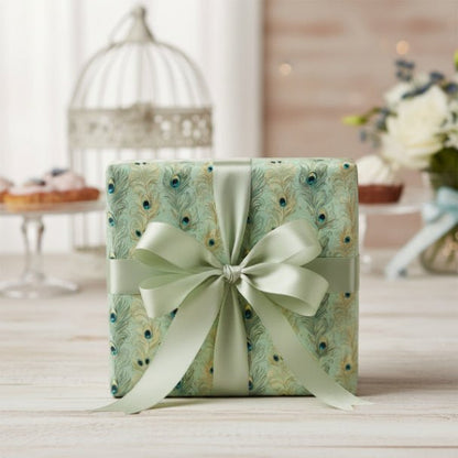 Sage Peacock Plume Wrapping Paper – Elegant Green Feather Gift Wrap Roll - ZumBuys