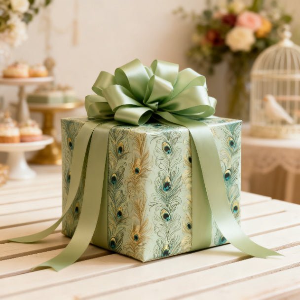 Sage Peacock Plume Wrapping Paper – Elegant Green Feather Gift Wrap Roll - ZumBuys
