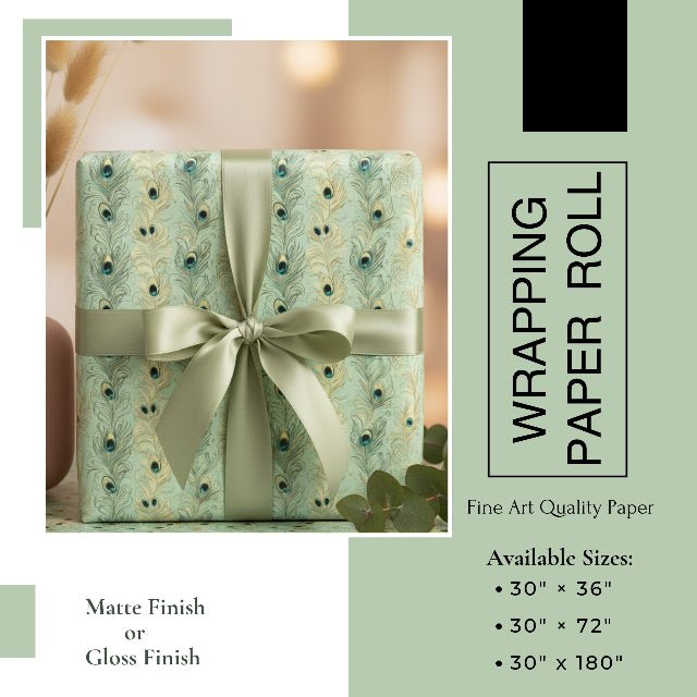Sage Peacock Plume Wrapping Paper – Elegant Green Feather Gift Wrap Roll - ZumBuys