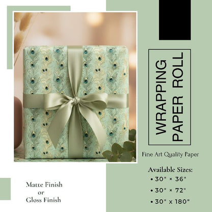 Sage Peacock Plume Wrapping Paper – Elegant Green Feather Gift Wrap Roll - ZumBuys