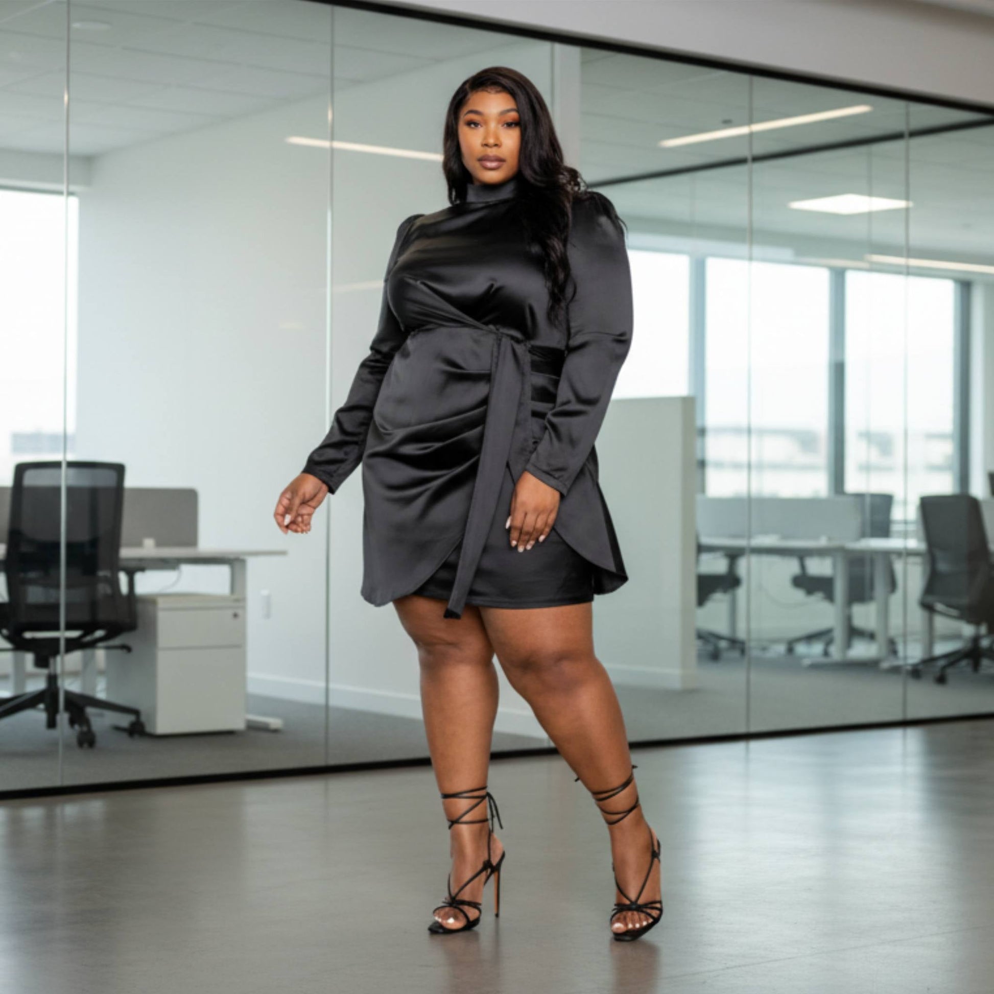 Satin Mock Neck Rouched Mini Dress - ZumBuys