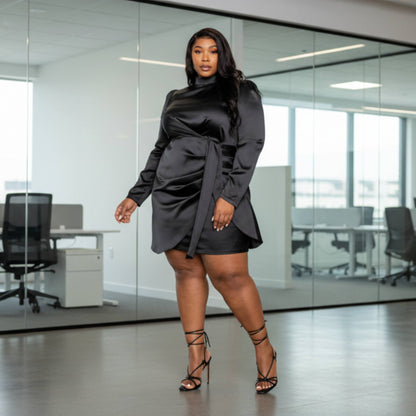 Satin Mock Neck Rouched Mini Dress - ZumBuys