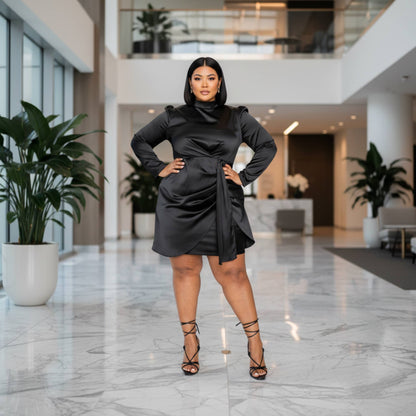 Satin Mock Neck Rouched Mini Dress - ZumBuys