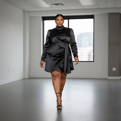 Satin Mock Neck Rouched Mini Dress - ZumBuys