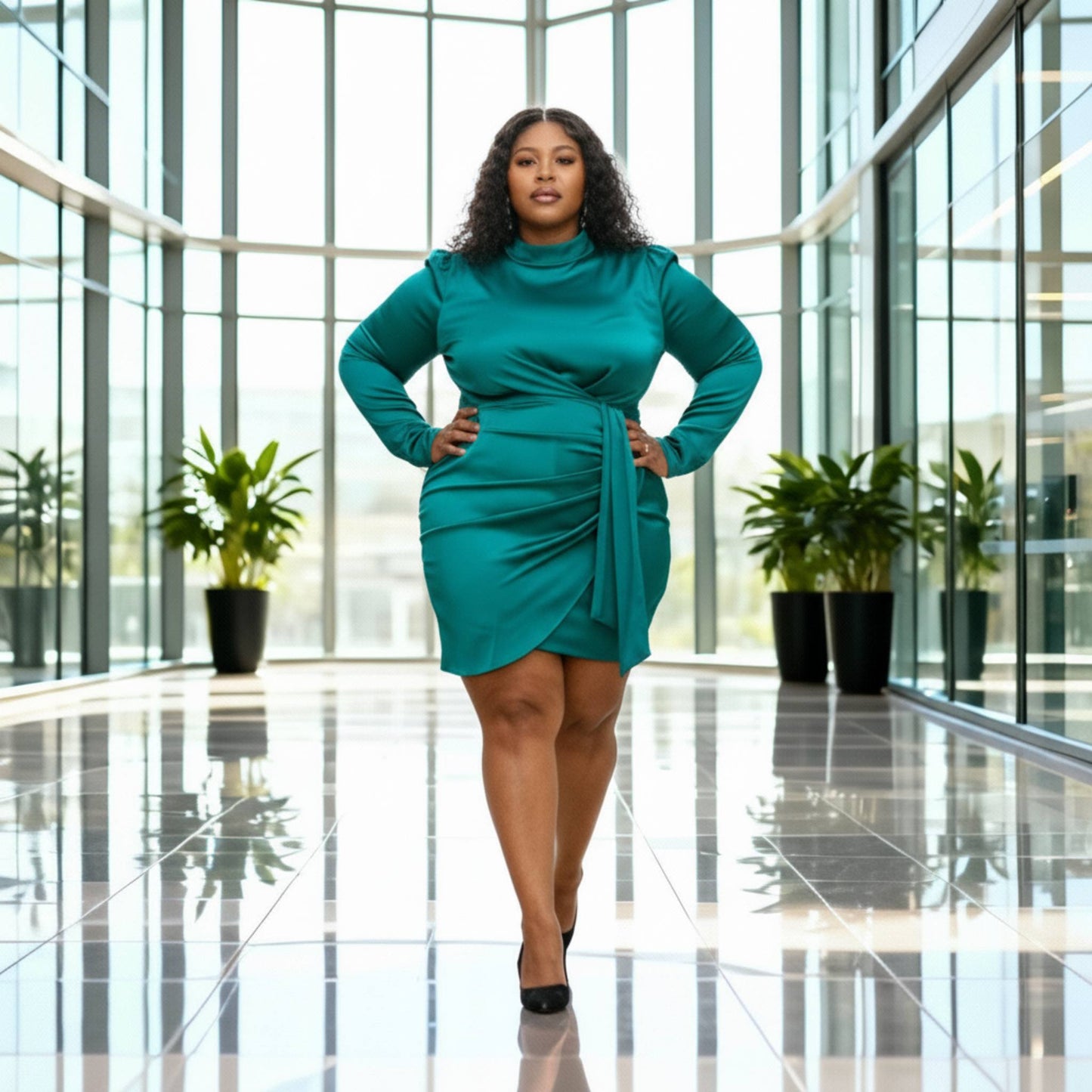 Satin Mock Neck Rouched Mini Dress - ZumBuys