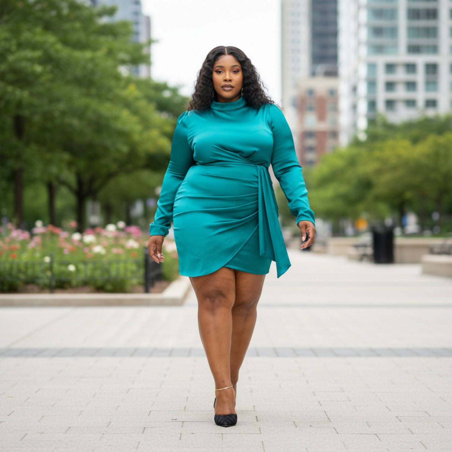 Satin Mock Neck Rouched Mini Dress - ZumBuys