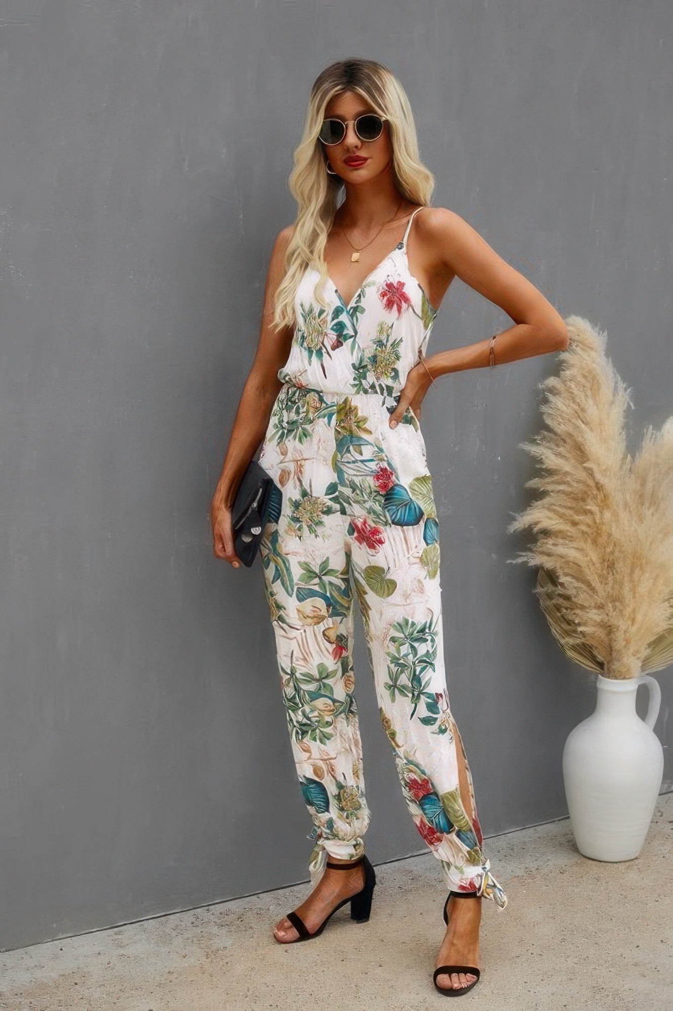 Sleeveless Floral Print Knot Side Cami Jumpsuit – Lightweight Summer Outfit - ZumBuys