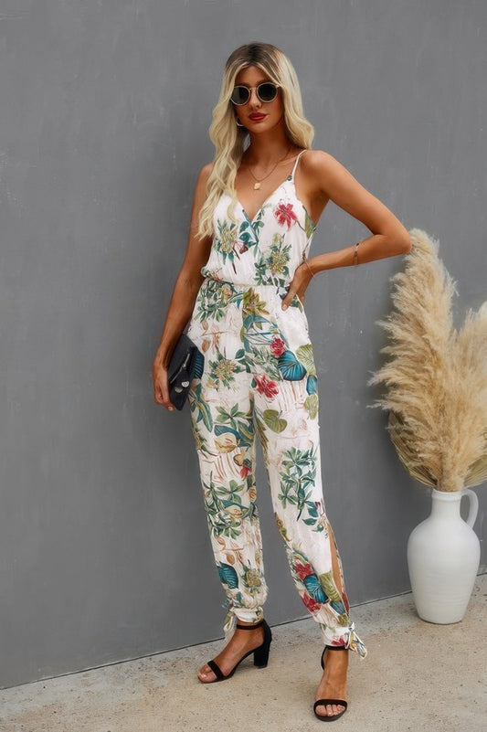 Sleeveless Floral Print Knot Side Cami Jumpsuit – Lightweight Summer Outfit - ZumBuys