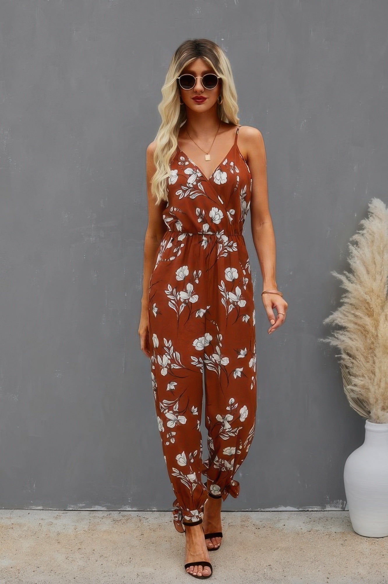 Sleeveless Floral Print Knot Side Cami Jumpsuit – Lightweight Summer Outfit - ZumBuys