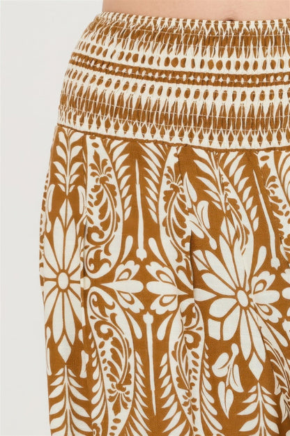 Smocked Waist Floral Pants – Women’s Wide Leg Boho Pants with Pockets - ZumBuys