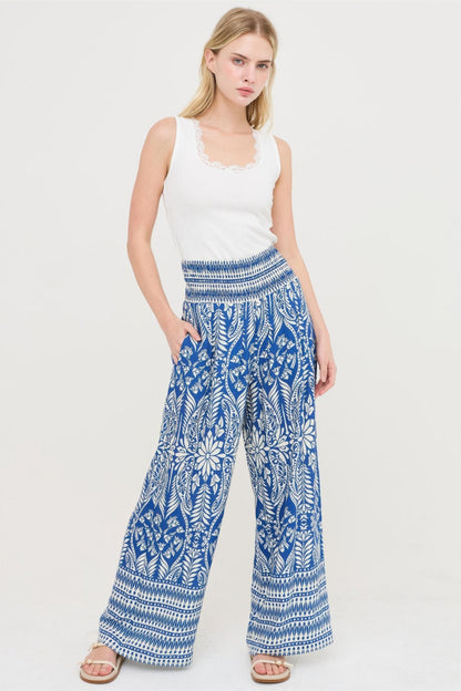 Smocked Waist Floral Pants – Women’s Wide Leg Boho Pants with Pockets - ZumBuys