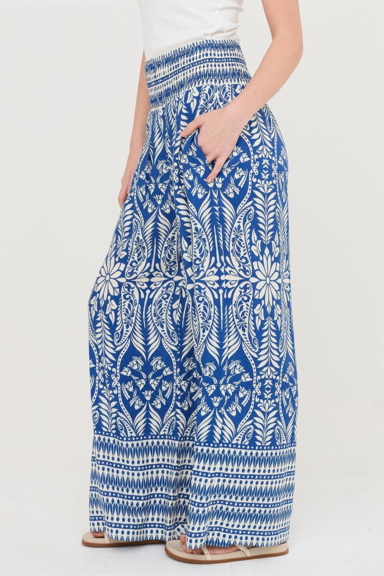 Smocked Waist Floral Pants – Women’s Wide Leg Boho Pants with Pockets - ZumBuys